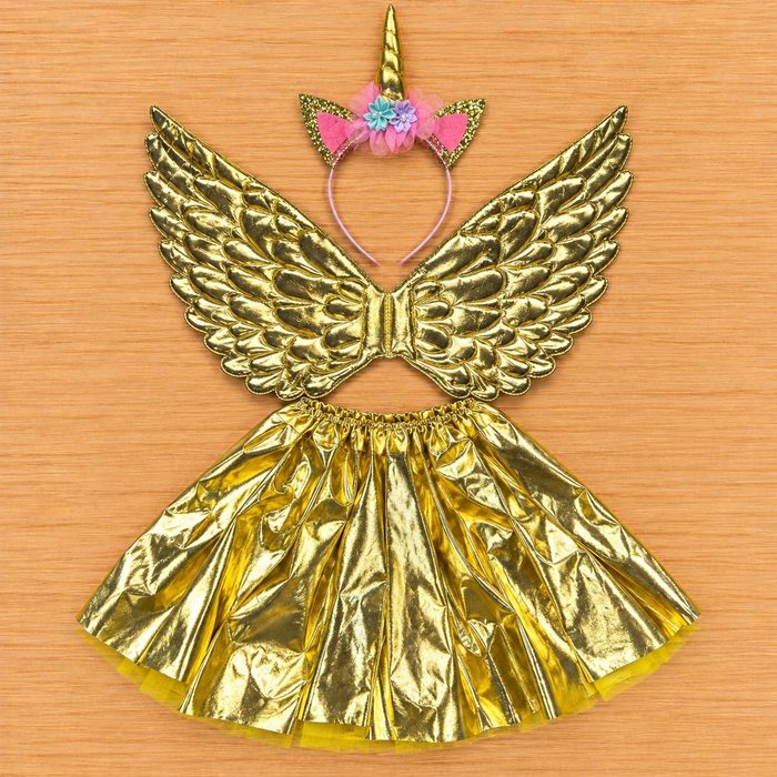 Set de Unicornio con Alas, Cintillo y Tutu - Dorado Metalizado