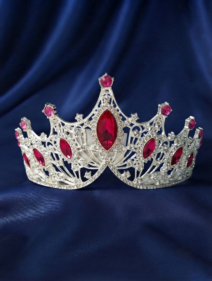 Corona De Metal Plateada Con Diamante Fucsia- Mod 12
