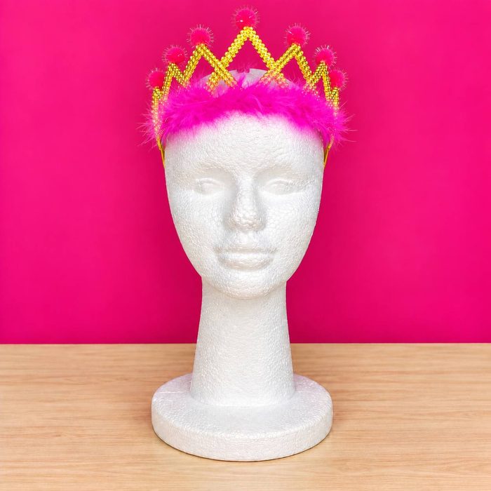 Corona Plástica Dorado Marabu Fucsia Pompones Rojo