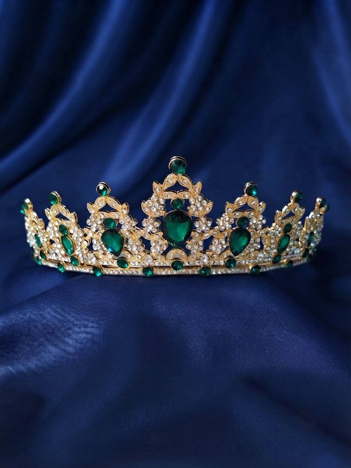 Corona De Metal - Bronce Con Piedras Verde 3190