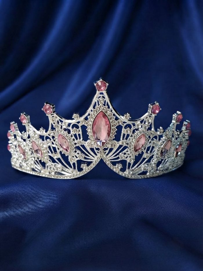 Corona De Metal - Plateada Con Piedras Rosadas 7481