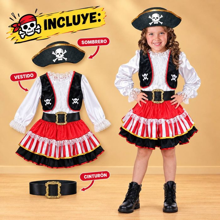Disfraz Pirata Deluxe Rojo Ii Niña - Talla 4