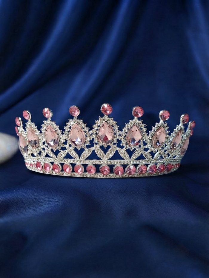 Corona De Metal - Plateada Con Piedras Rosada 6472