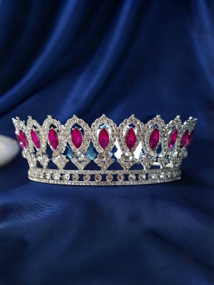 Corona De Metal Redonda - Plateada Piedras Fucsia 5341