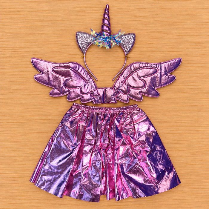 Set de Unicornio con Alas, Cintillo y Tutu - Rosado Metalizado