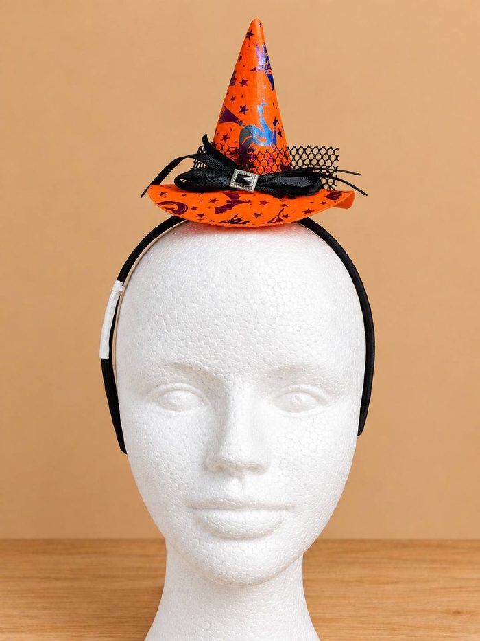 Cintillo de Halloween - Bruja Fondo Naranja con Estapado