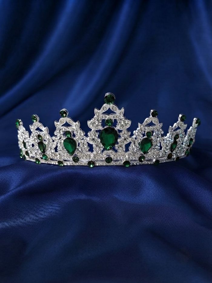 Corona De Metal - Plateada Con Piedras Verde 3190
