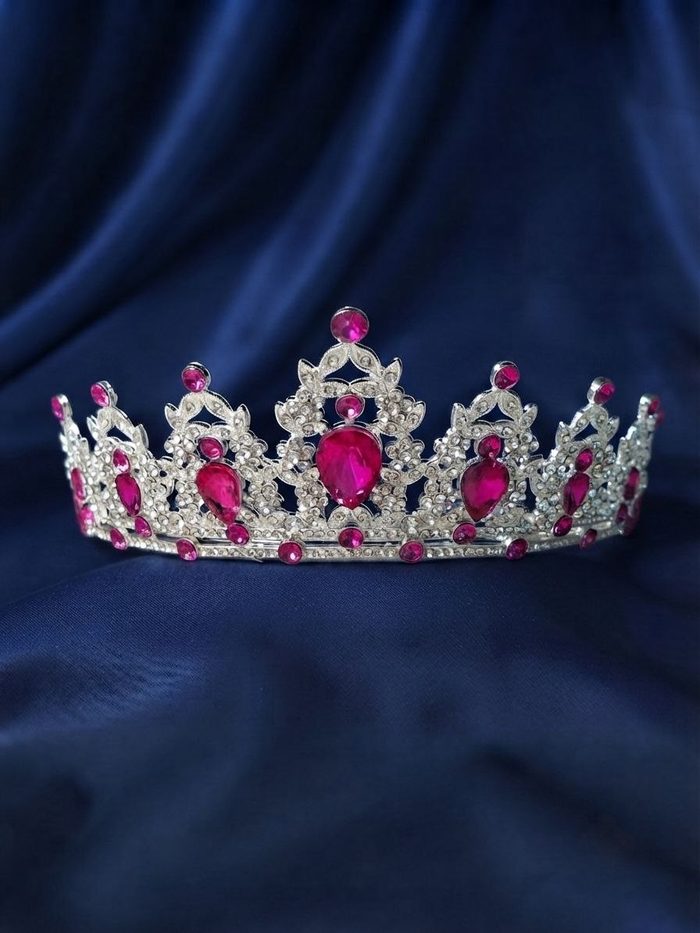 Corona De Metal - Plateada Con Piedras Fucsia 3190