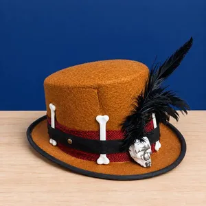 Sombrero de Copa Marron con Calavera y Huesos